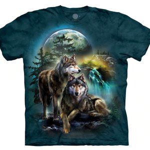 Wolf Lookout Wolves Waterfall Moon Pack Dogs Animal Blue Mountain T-Shirt S-3X